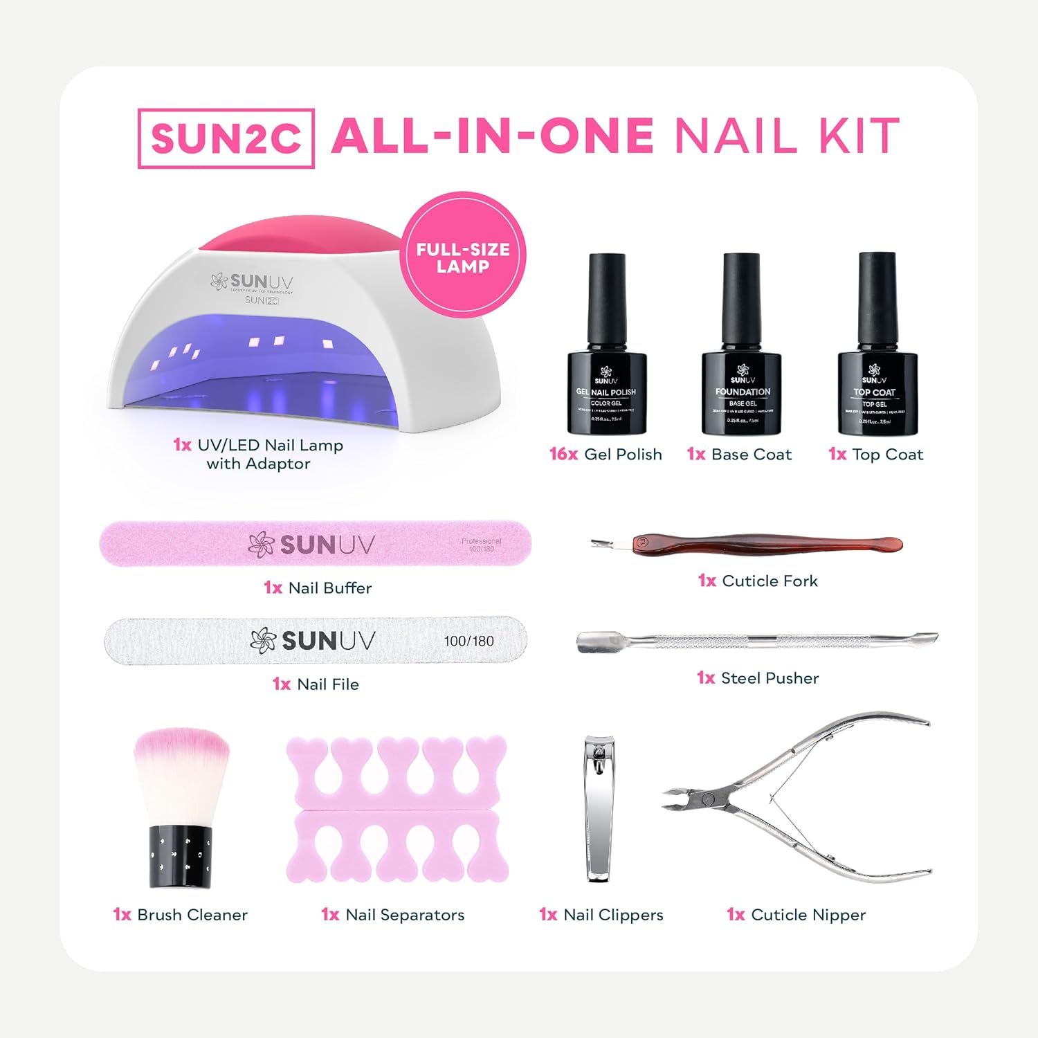 SUNUV Gel Nail Polish Kit with UV Light for Nails SUN2C 48W, 16 Colors Gel Polish Sets, Base and Top Coat with 8 PCS Manicure Tools Gift for Women