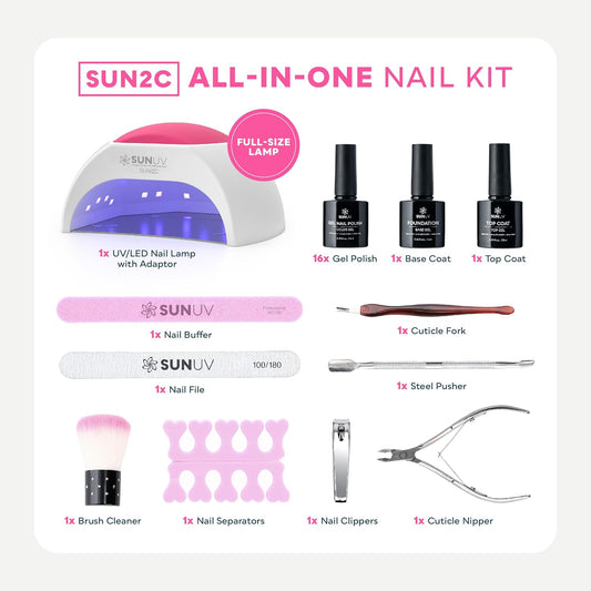 SUNUV Gel Nail Polish Kit with UV Light for Nails SUN2C 48W, 16 Colors Gel Polish Sets, Base and Top Coat with 8 PCS Manicure Tools Gift for Women