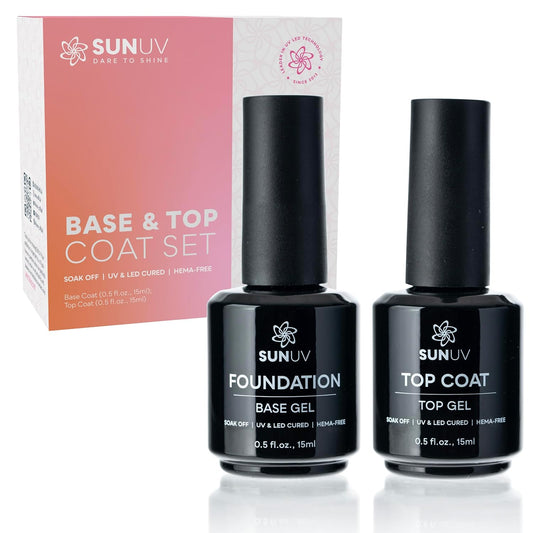 SUNUV 15ml Gel Top Coat and Base Coat Set, Gel Nail Polish Kit 2 Pack, Hema Free Art Manicure UV Nail Lamp No Wipe High Gloss Gifts for Women