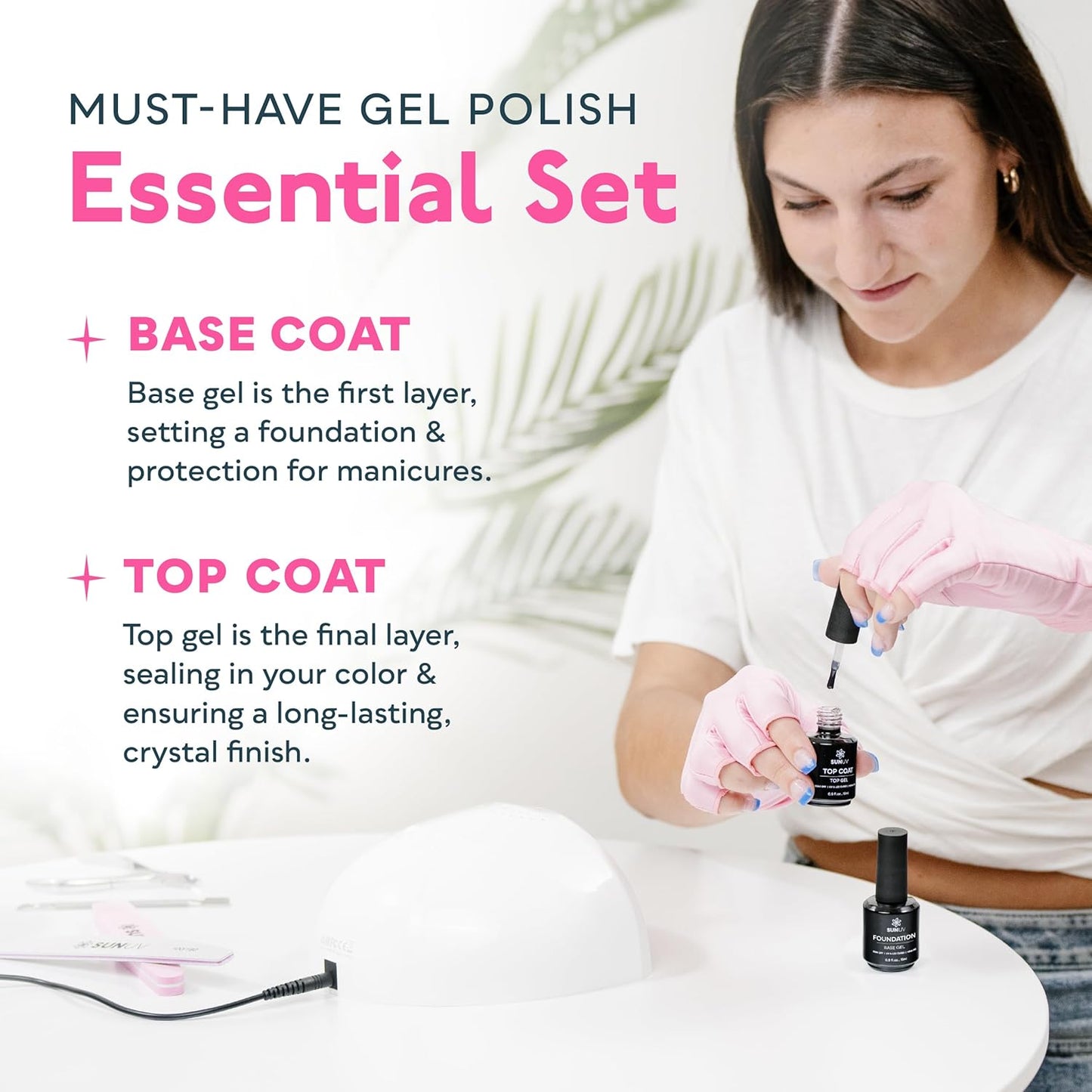 SUNUV 15ml Gel Top Coat and Base Coat Set, Gel Nail Polish Kit 2 Pack, Hema Free Art Manicure UV Nail Lamp No Wipe High Gloss Gifts for Women