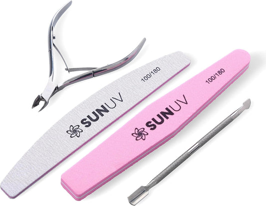 SUNUV 4PCS Cuticle Nippers, Cuticle Pusher with Nail File and Nail Buffer Set, Professional Stainless Steel Durable Pedicure Manicure Nail Care Tools