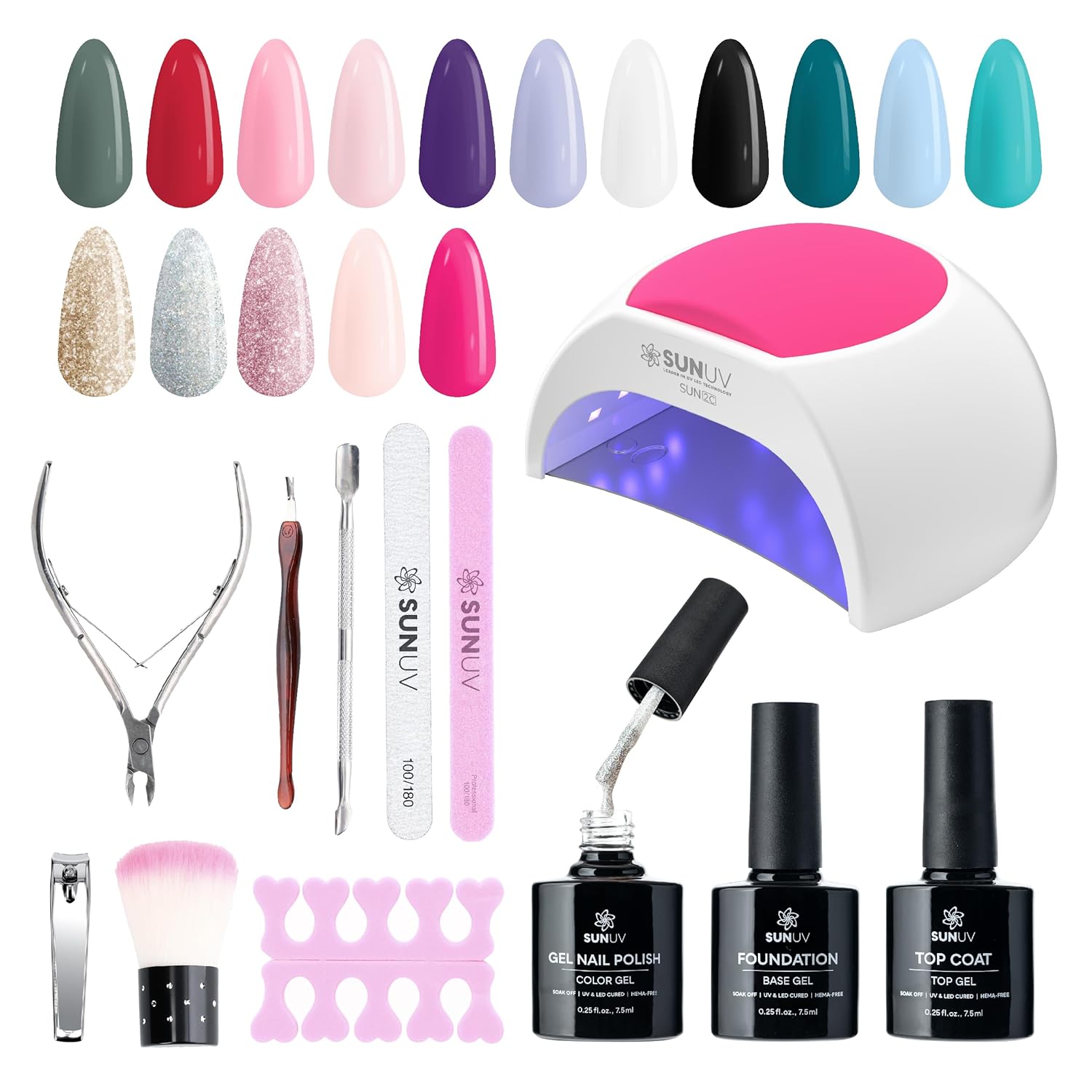 SUNUV Gel Nail Polish Kit with UV Light for Nails SUN2C 48W, 16 Colors Gel Polish Sets, Base and Top Coat with 8 PCS Manicure Tools Gift for Women