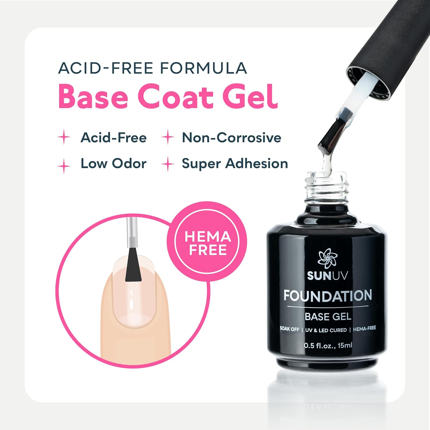 SUNUV 15ml Gel Top Coat and Base Coat Set, Gel Nail Polish Kit 2 Pack, Hema Free Art Manicure UV Nail Lamp No Wipe High Gloss Gifts for Women