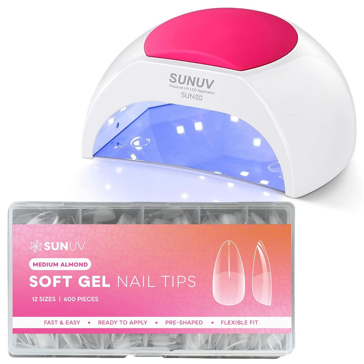 SUNUV 600 PCS Medium Almond Gel Nail Tips, SUN2C UV LED Nail Lamp White