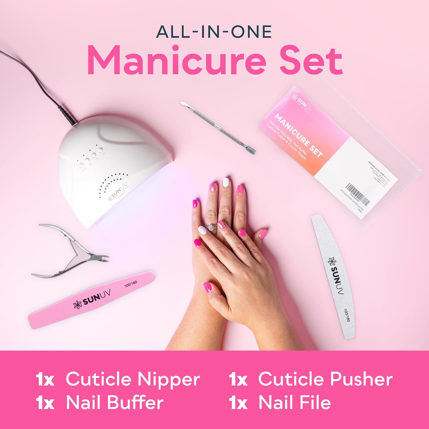 SUNUV 4PCS Cuticle Nippers, Cuticle Pusher with Nail File and Nail Buffer Set, Professional Stainless Steel Durable Pedicure Manicure Nail Care Tools