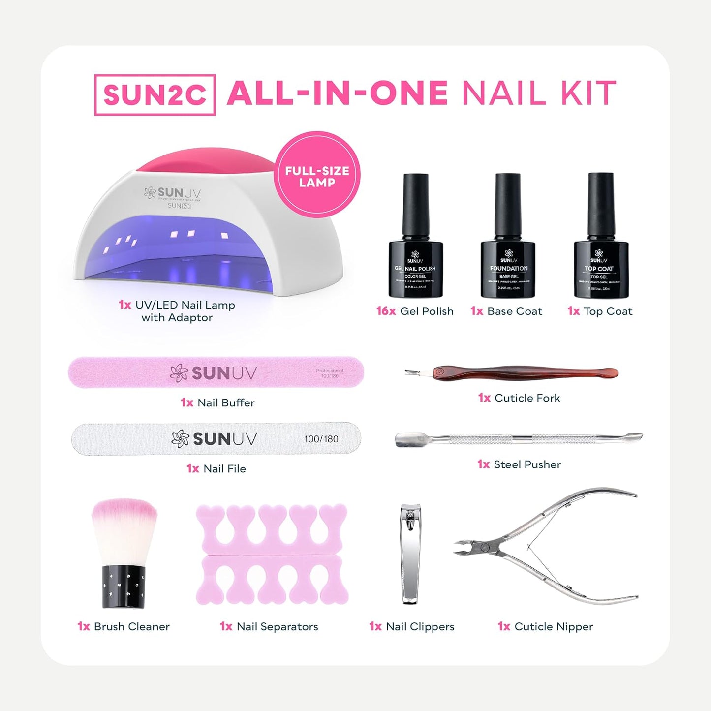 SUNUV Gel Nail Polish Kit with UV Light for Nails SUN2C 48W, 16 Colors Gel Polish Sets, Base and Top Coat with 8 PCS Manicure Tools Gift for Women