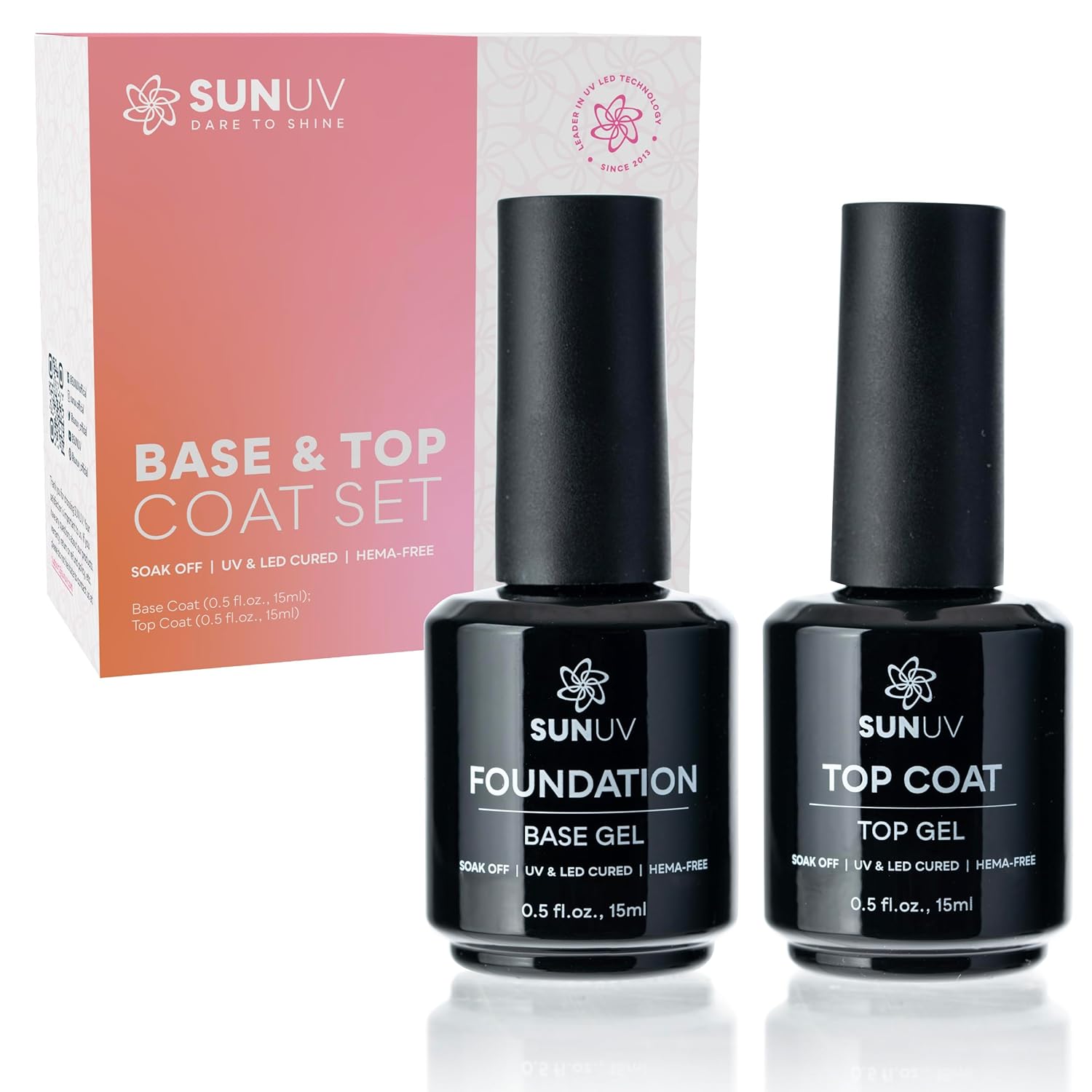 SUNUV 15ml Gel Top Coat and Base Coat Set, Gel Nail Polish Kit 2 Pack, Hema Free Art Manicure UV Nail Lamp No Wipe High Gloss Gifts for Women