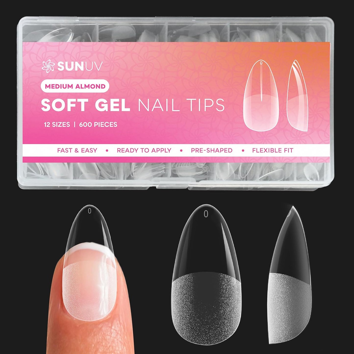 SUNUV 600 PCS Medium Almond Gel Nail Tips, SUN2C UV LED Nail Lamp White