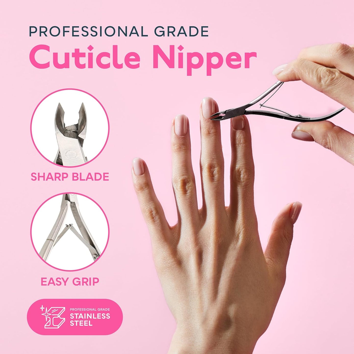 SUNUV 4PCS Cuticle Nippers, Cuticle Pusher with Nail File and Nail Buffer Set, Professional Stainless Steel Durable Pedicure Manicure Nail Care Tools